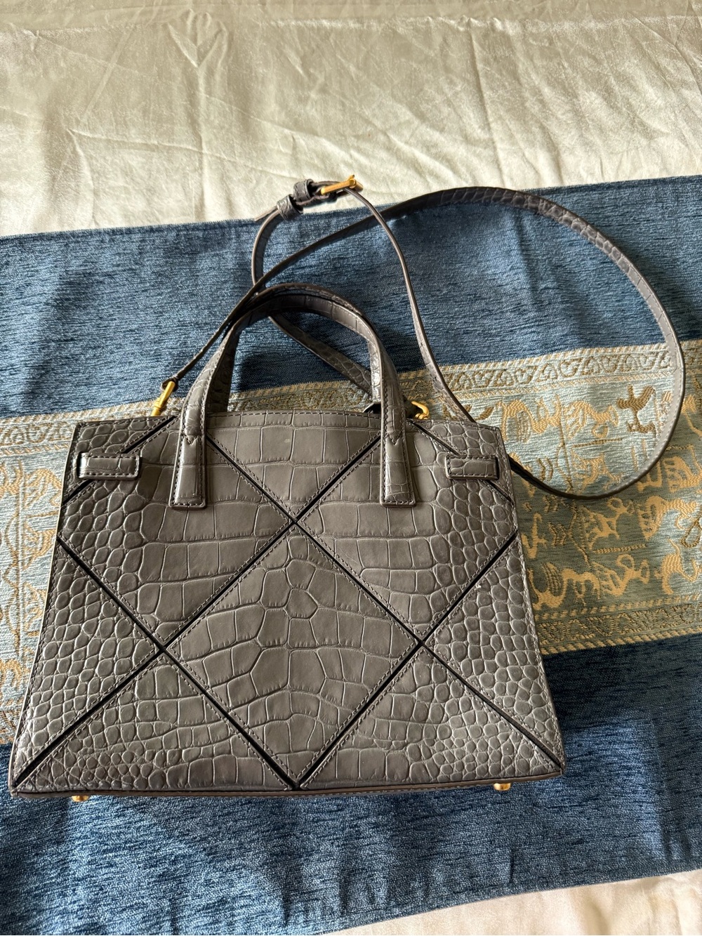 Tory Burch Black Croc-Embossed Leather Satchel with Shoulder Strap - Picture 3 of 6